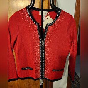 C. D. PETITES Red/Black Zip Up Long Sleeve Rhinestones Sweater Size PL